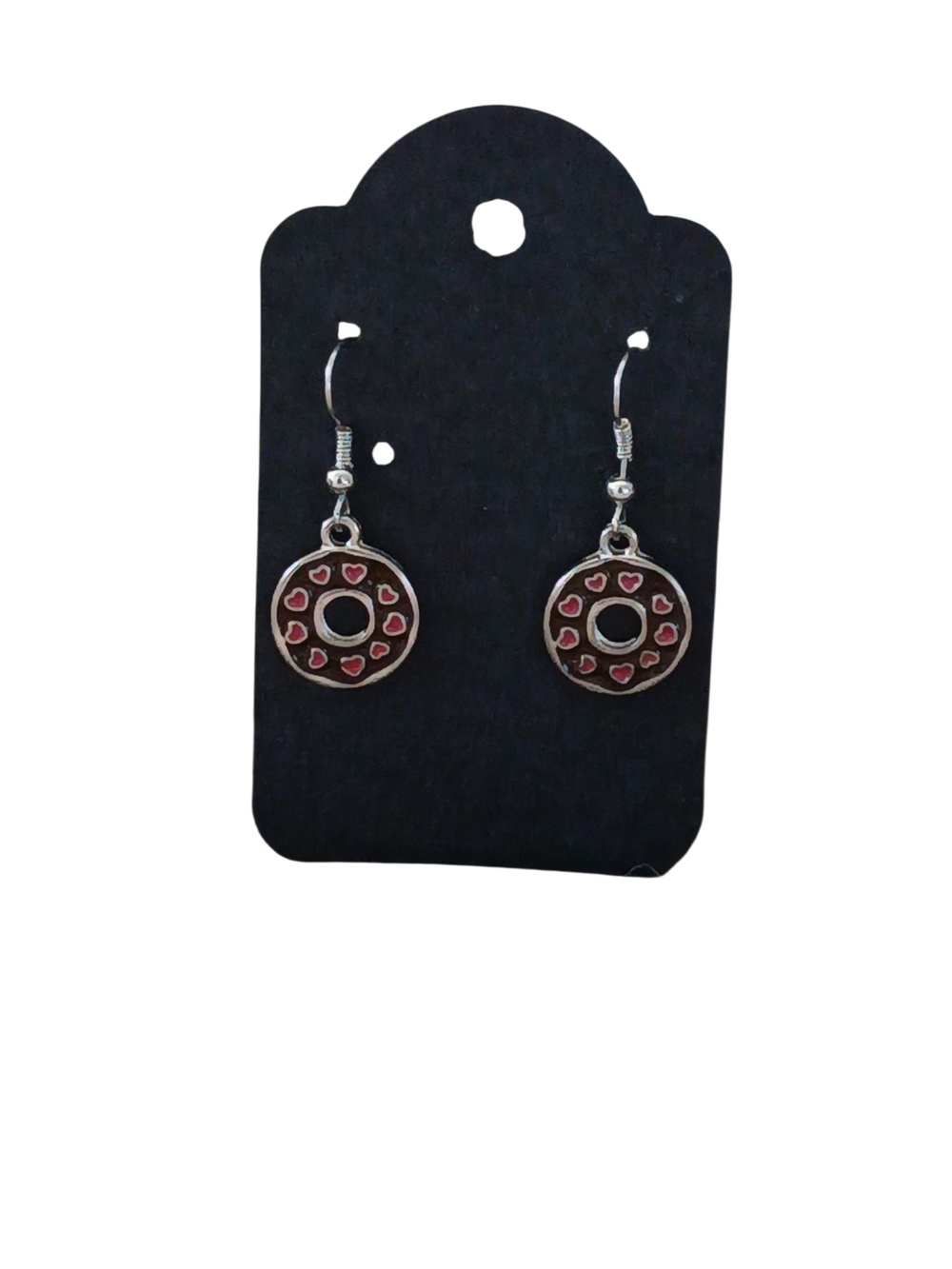 Handmsde Chocolate Frosted Donut With Pink Heart Sprinkles Dangle/Drop Earrings.